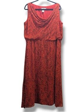 Coldwater Creek Cowl Neck Sleeveless Silk Dress Burnt Orange Leaf Pattern - 16